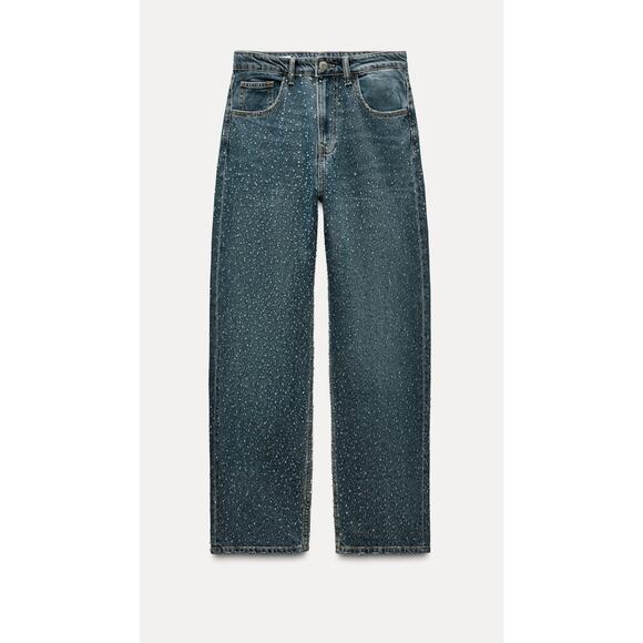 Nwt- Zara OVERSIZE TRF RELAXED TAPERED RHINESTONE JEANS WITH A HIGH WAIS… - Picture 2 of 7